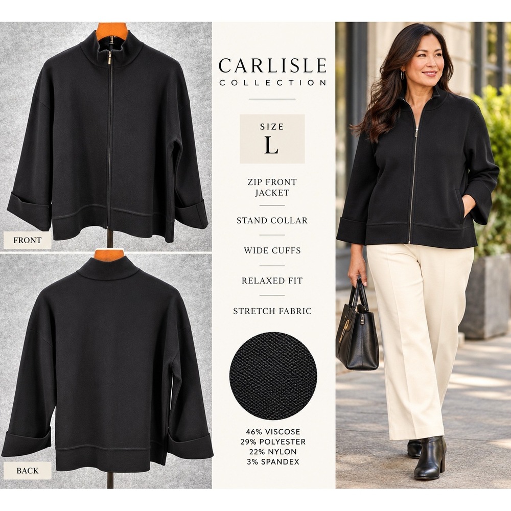 Carlisle Collection Jacket Womens L Black Zip Front Stand Collar Excellent